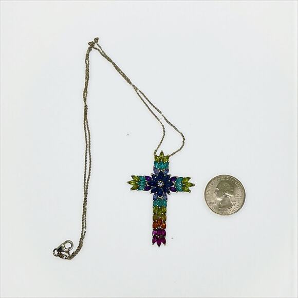 D'Joy Sterling Silver Multi Gemstone Cross Pendant-20'' Italy Chain-Rainbow-Bold - Picture 10 of 10
